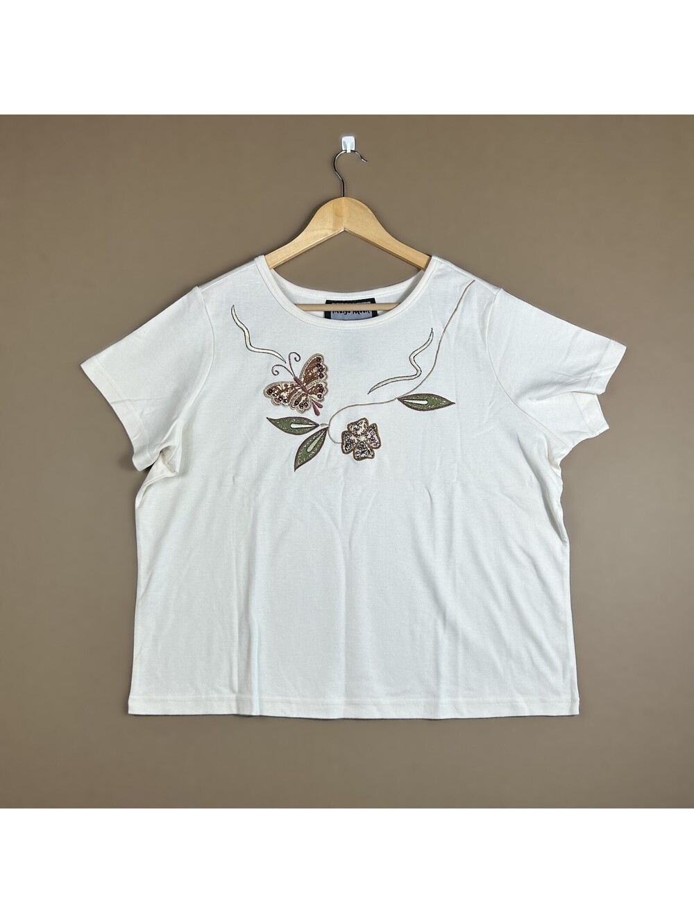 Indigo Moon Ivory Floral Butterfly Embroidered Short Sleeve Top Shirt 1X Casual